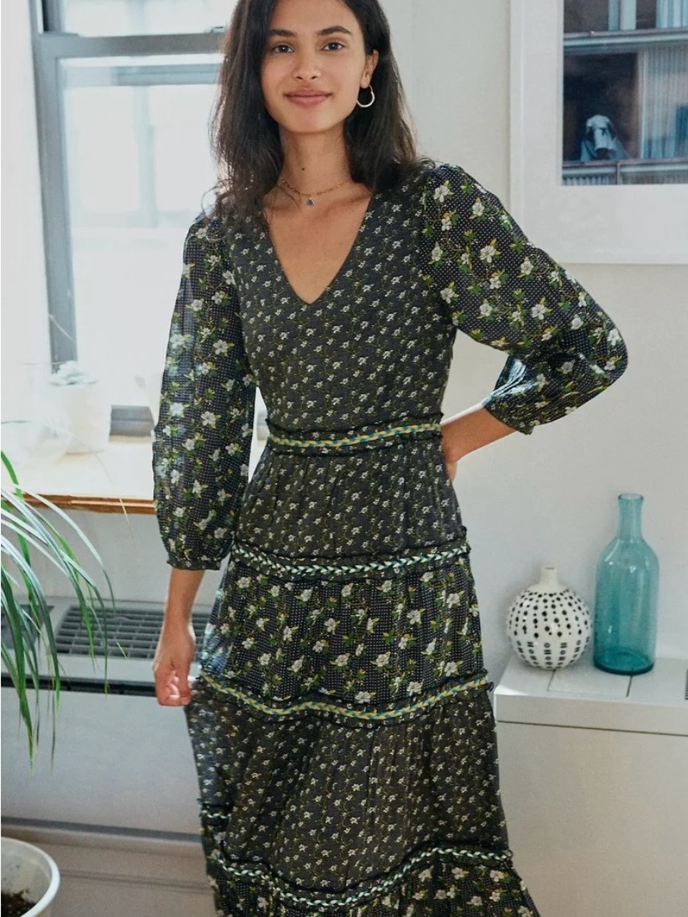 V-Neck Black Maxi Dress with Green Floral Print